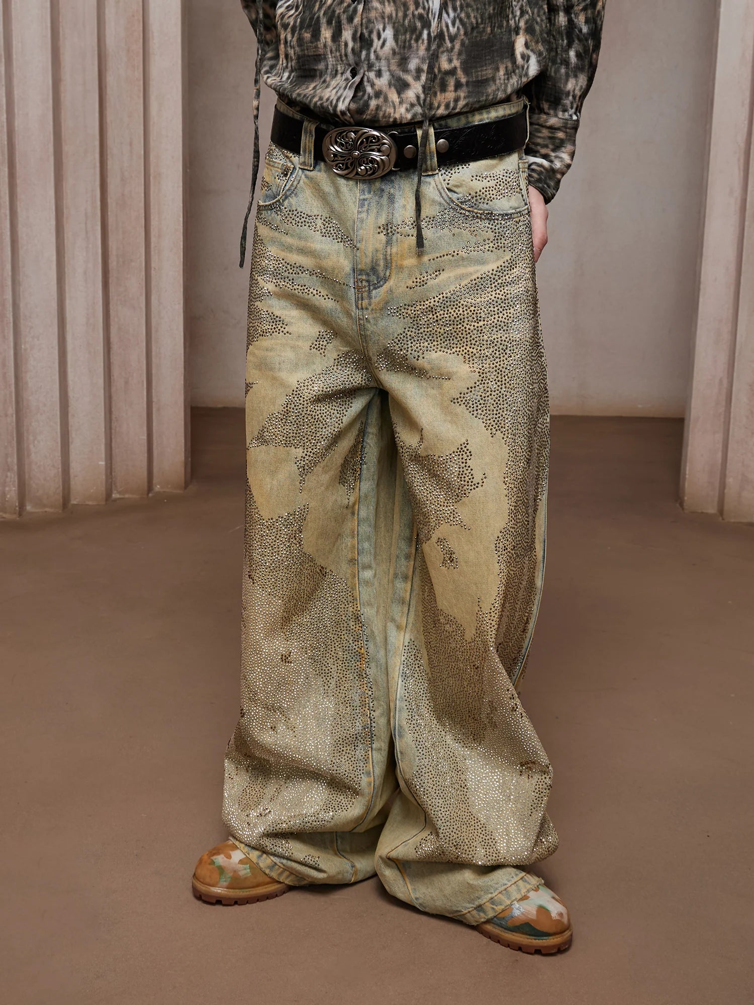 DND4DES Dirty-Washed Diamond Wide-Leg Jeans Yellow