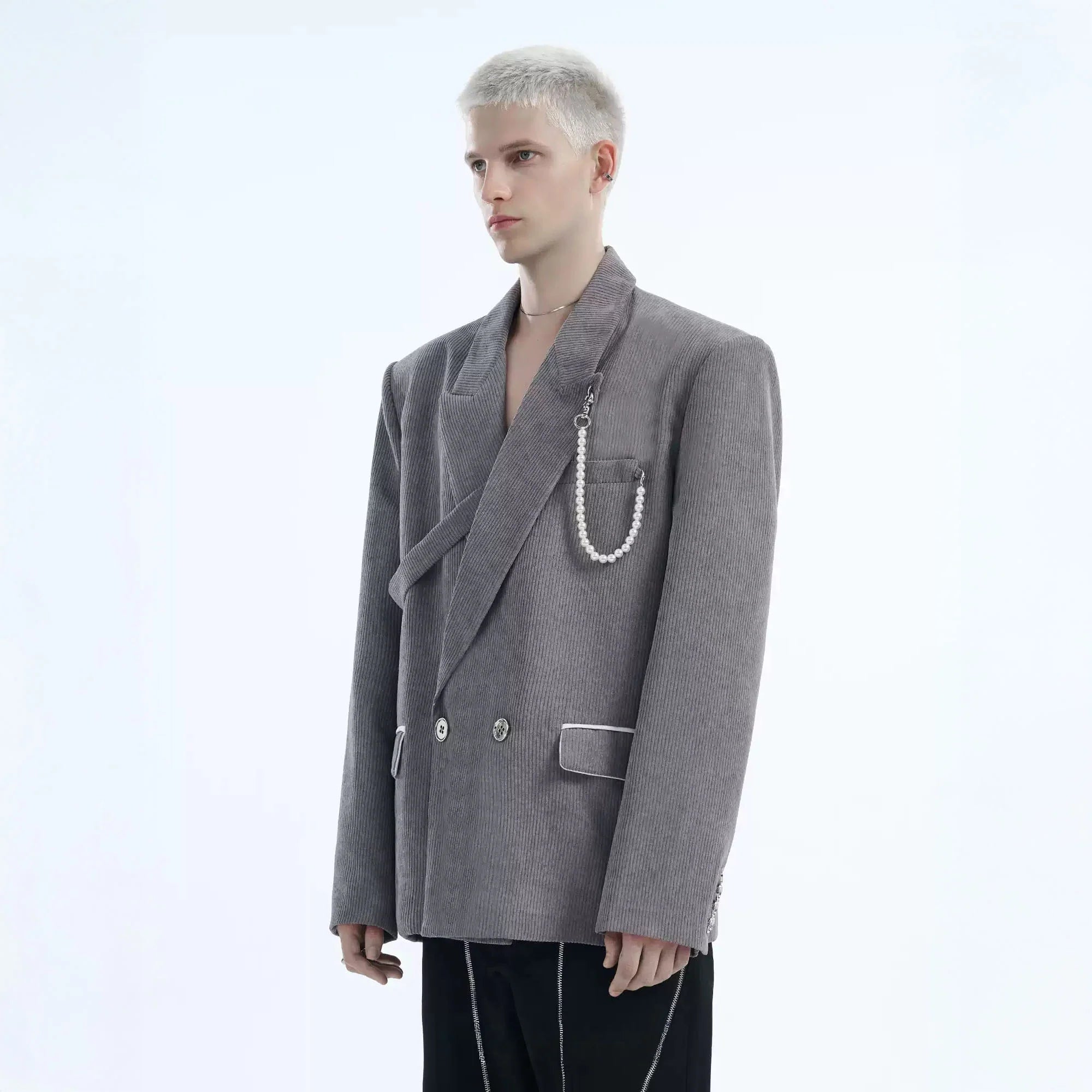 TIWILLTANG Asymmetrical Strap Pearl-Chain Corduroy Blazer