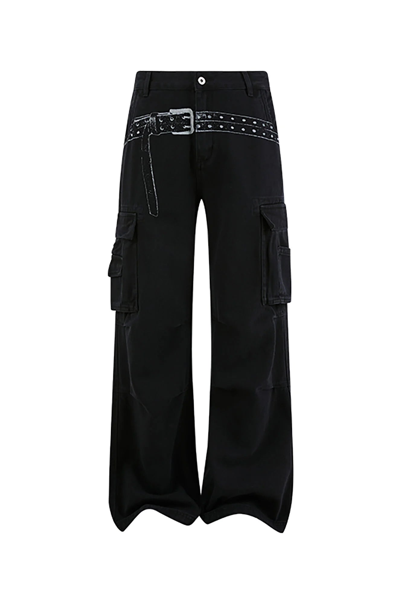 KREATE Washed Belt Graphic Crinkled Cargo Pants