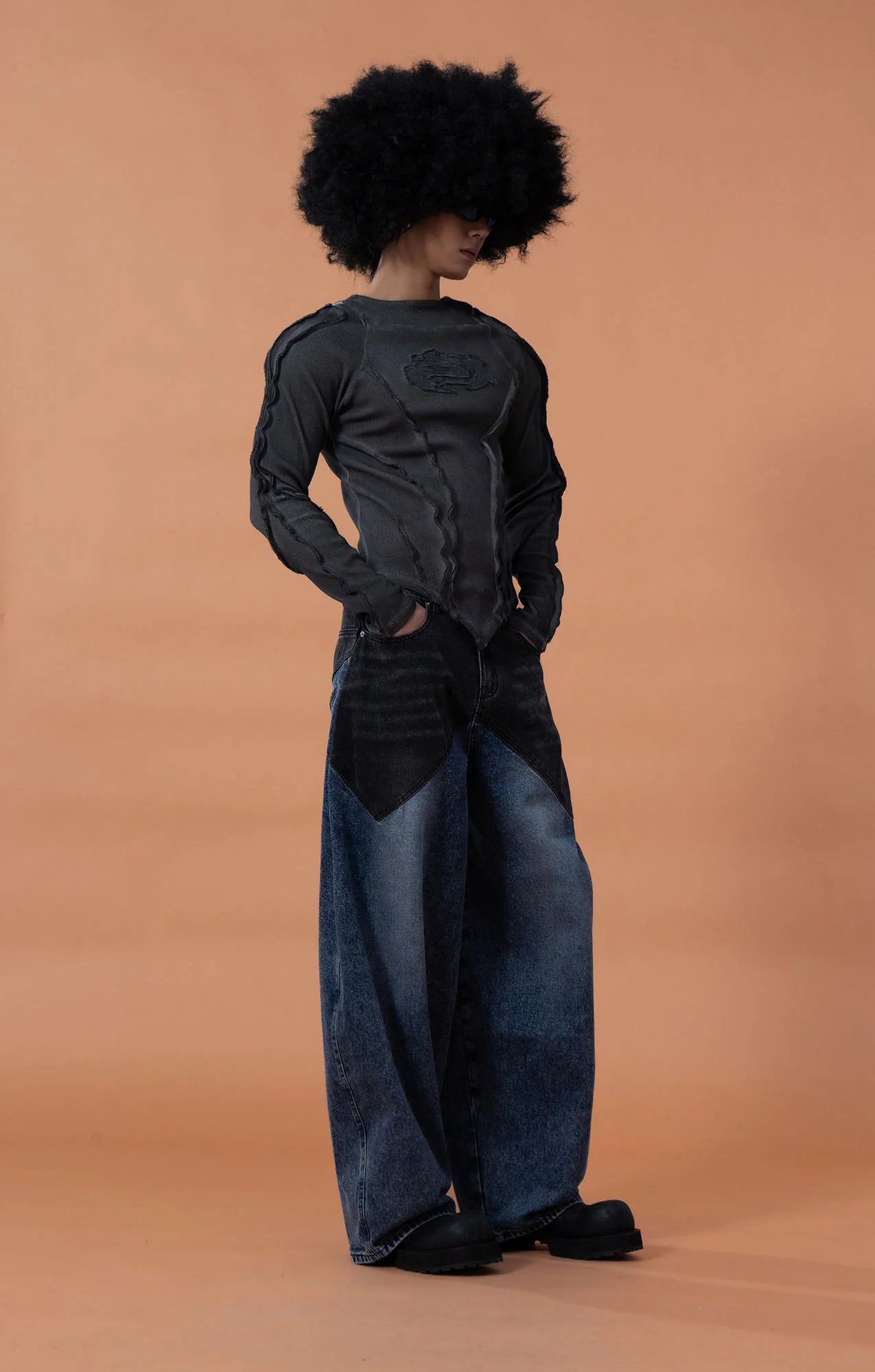 CLP Distressed Contrast-Panel Oversized Jeans