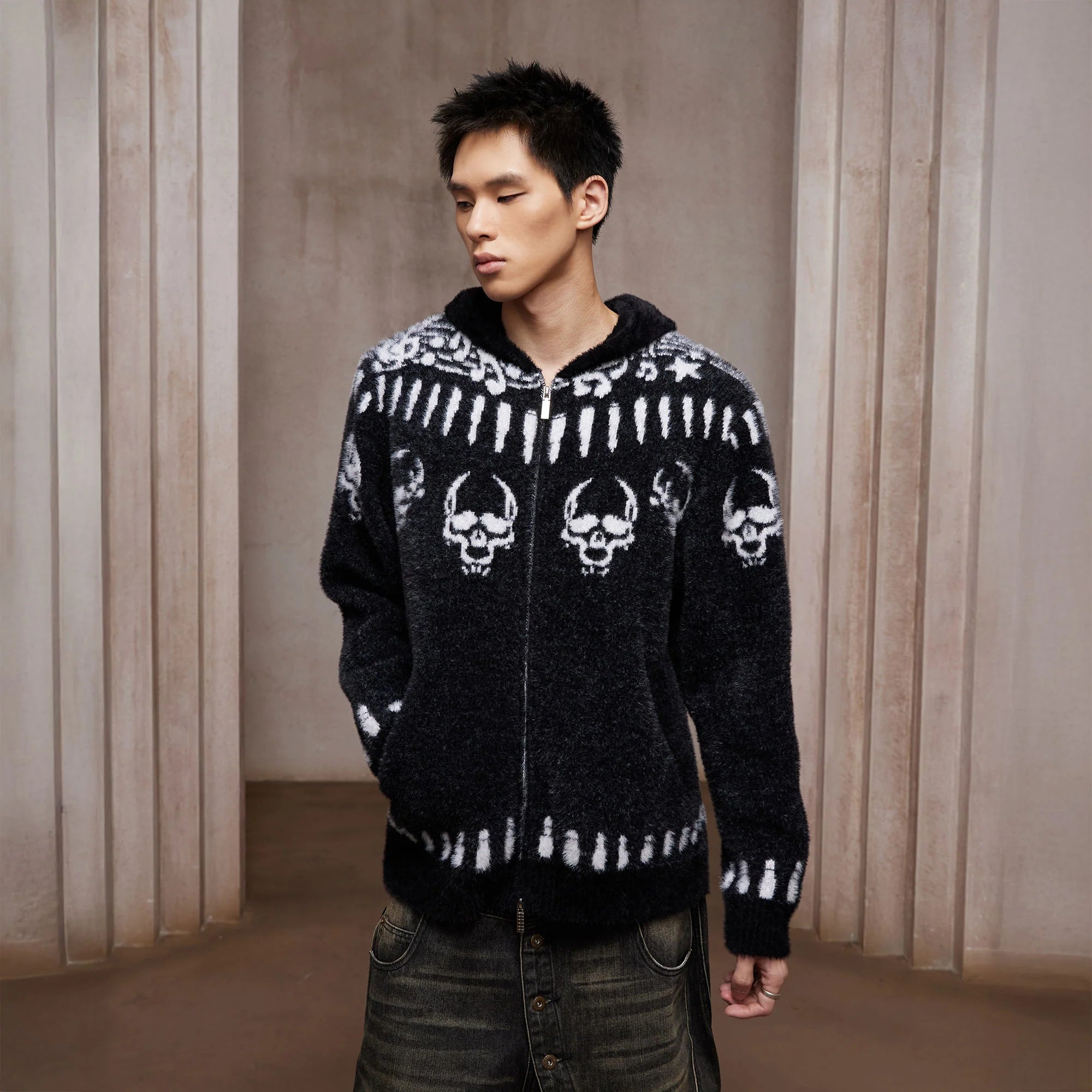 DND4DES Faux Mink Skull Jacquard Hooded Jacket