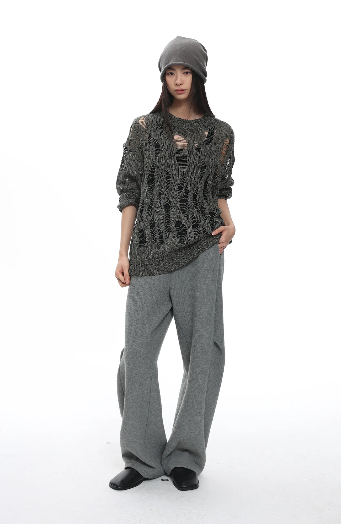 ROARINGWILD A ARCH Distressed Hollowed-Knit Sweater