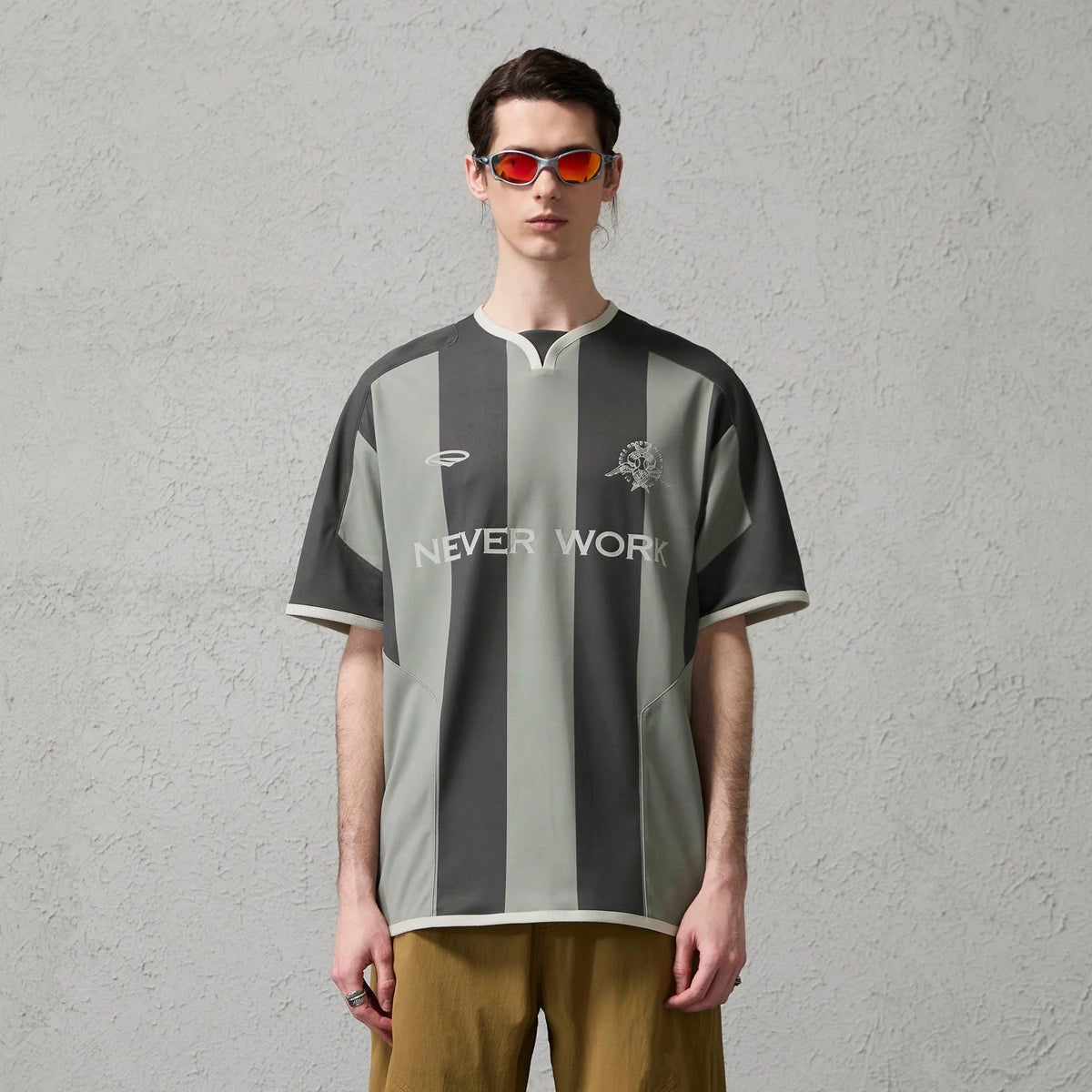 ORGANIC EMOTION Never Work Slogan Stripes Spliced Jersey