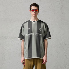 ORGANIC EMOTION Never Work Slogan Stripes Spliced Jersey