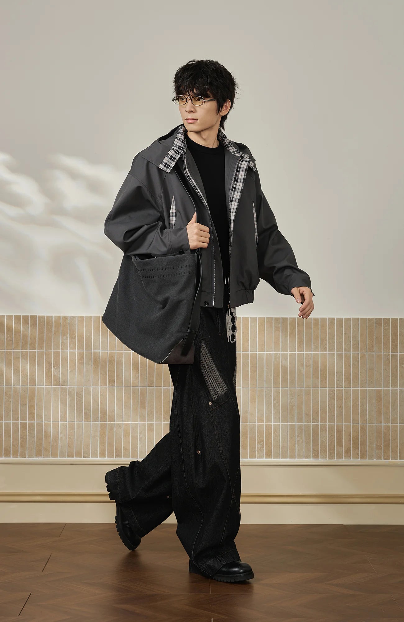 MOITIEDEPETALE Convertible Collar & Hood Plaid Pocket Jacket