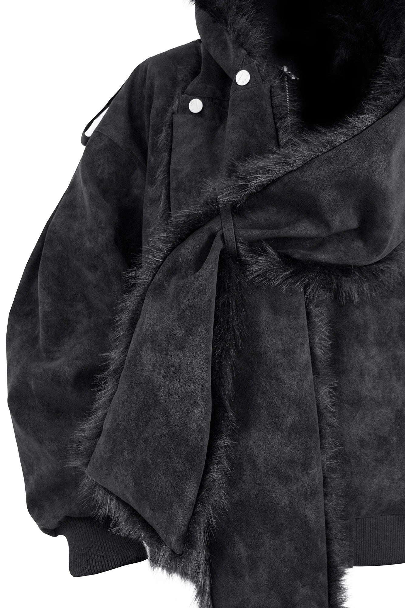 RELABEL Detachable Plush Scarf Hooded Suede Jacket Black