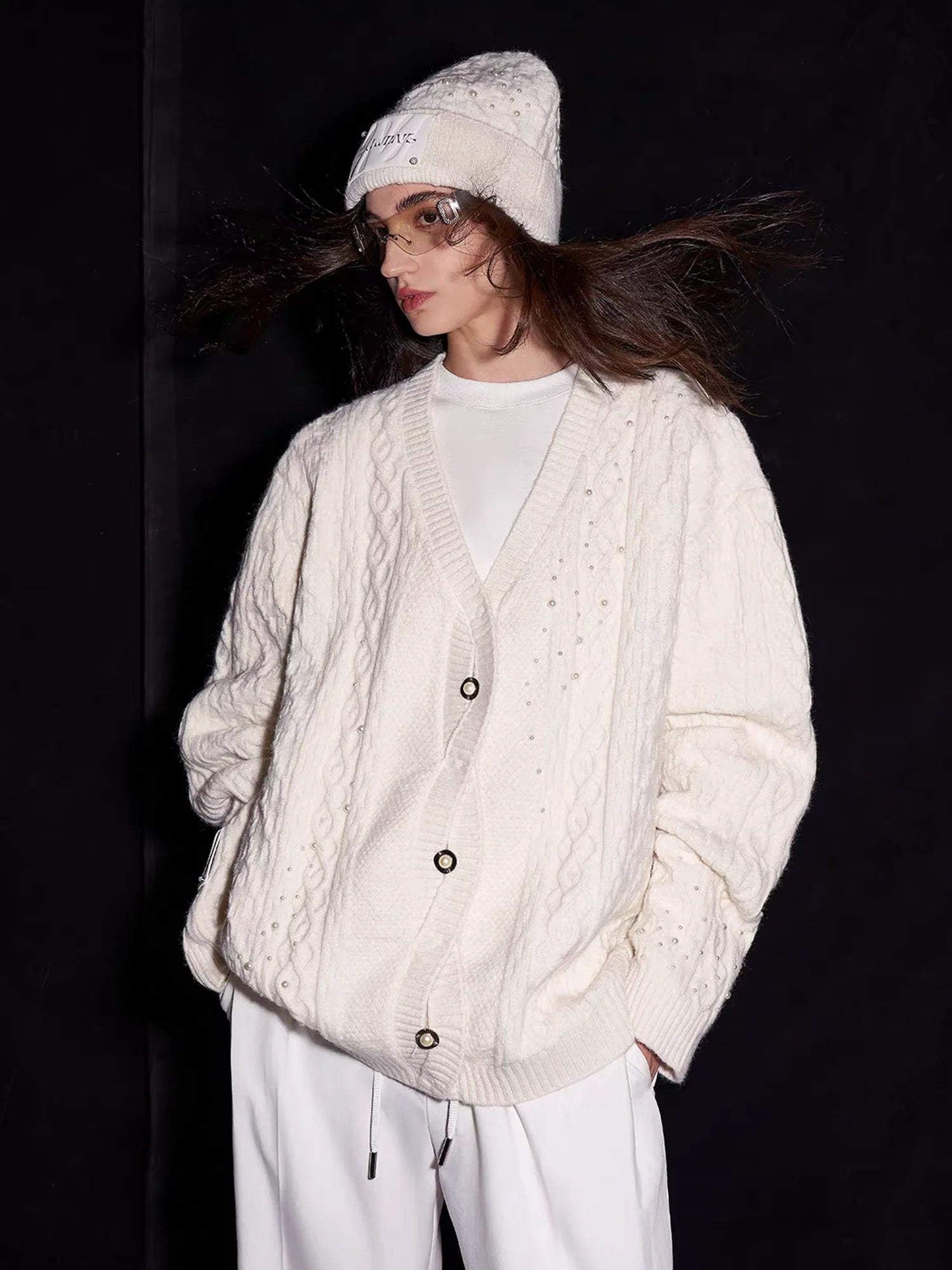 TIWILLTANG Pearl-Embellished Cable Knit Cardigan