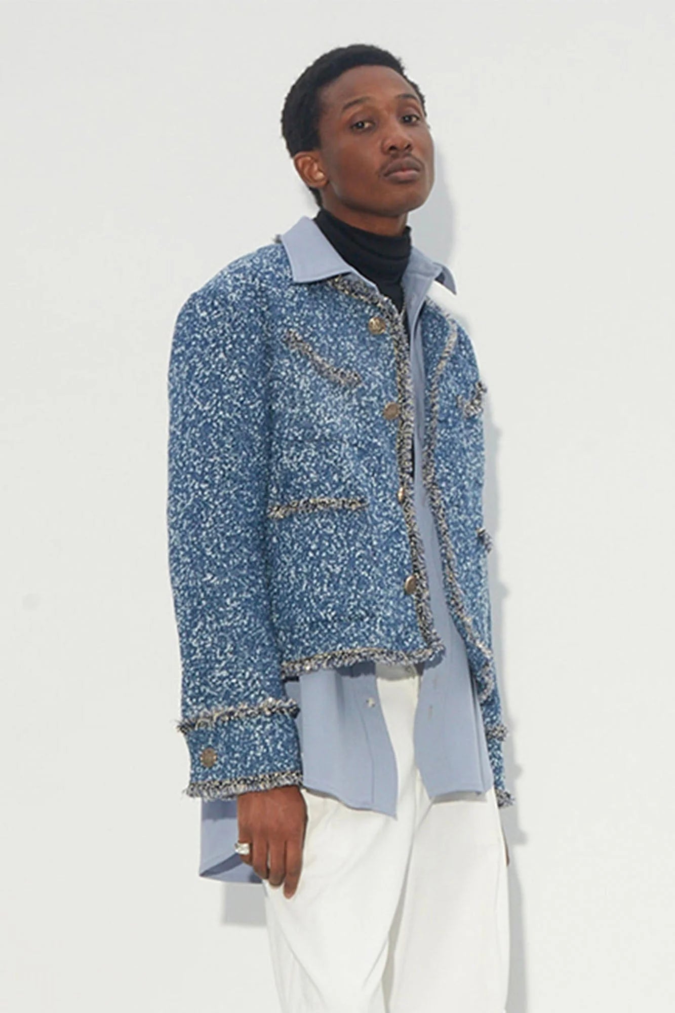 ASSEEN Washed Fringe Tweed Denim Jacket