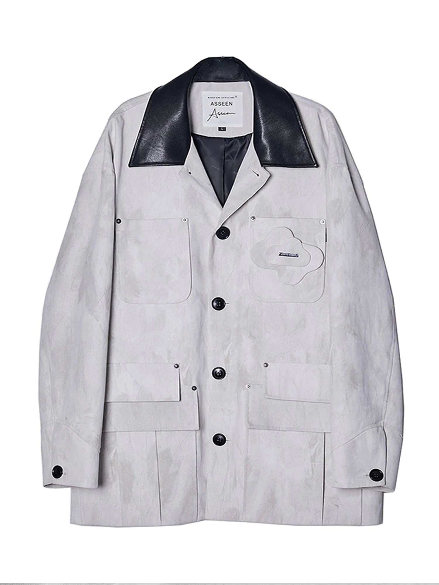 ASSEEN Distressed Panel Leather Collar Barn Jacket