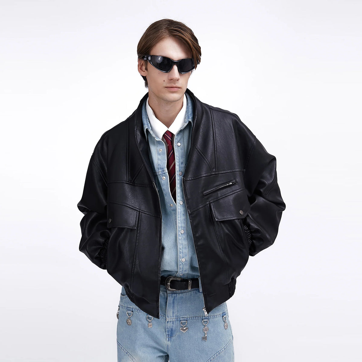 ASSEEN Oversized Paneled Utility Faux Leather Jacket