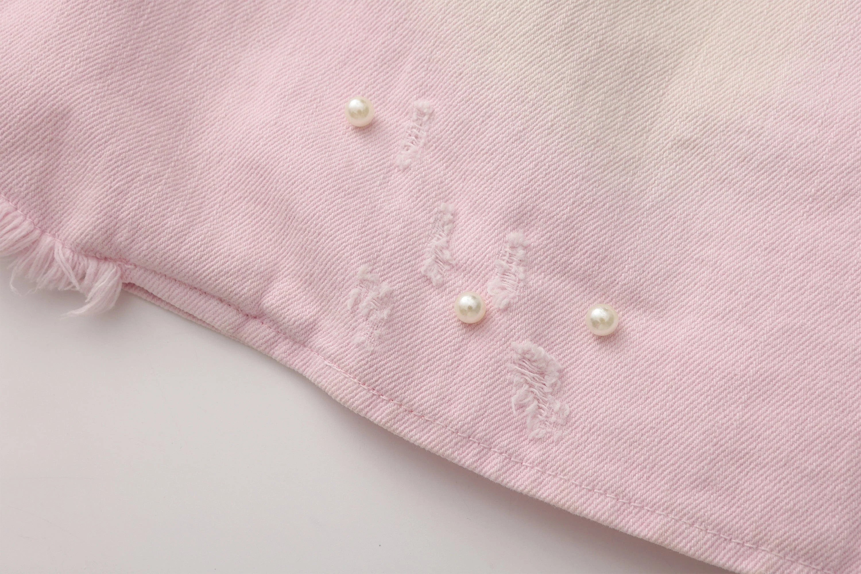 VANN VALRENCE Washed Beaded Frayed Denim Jacket