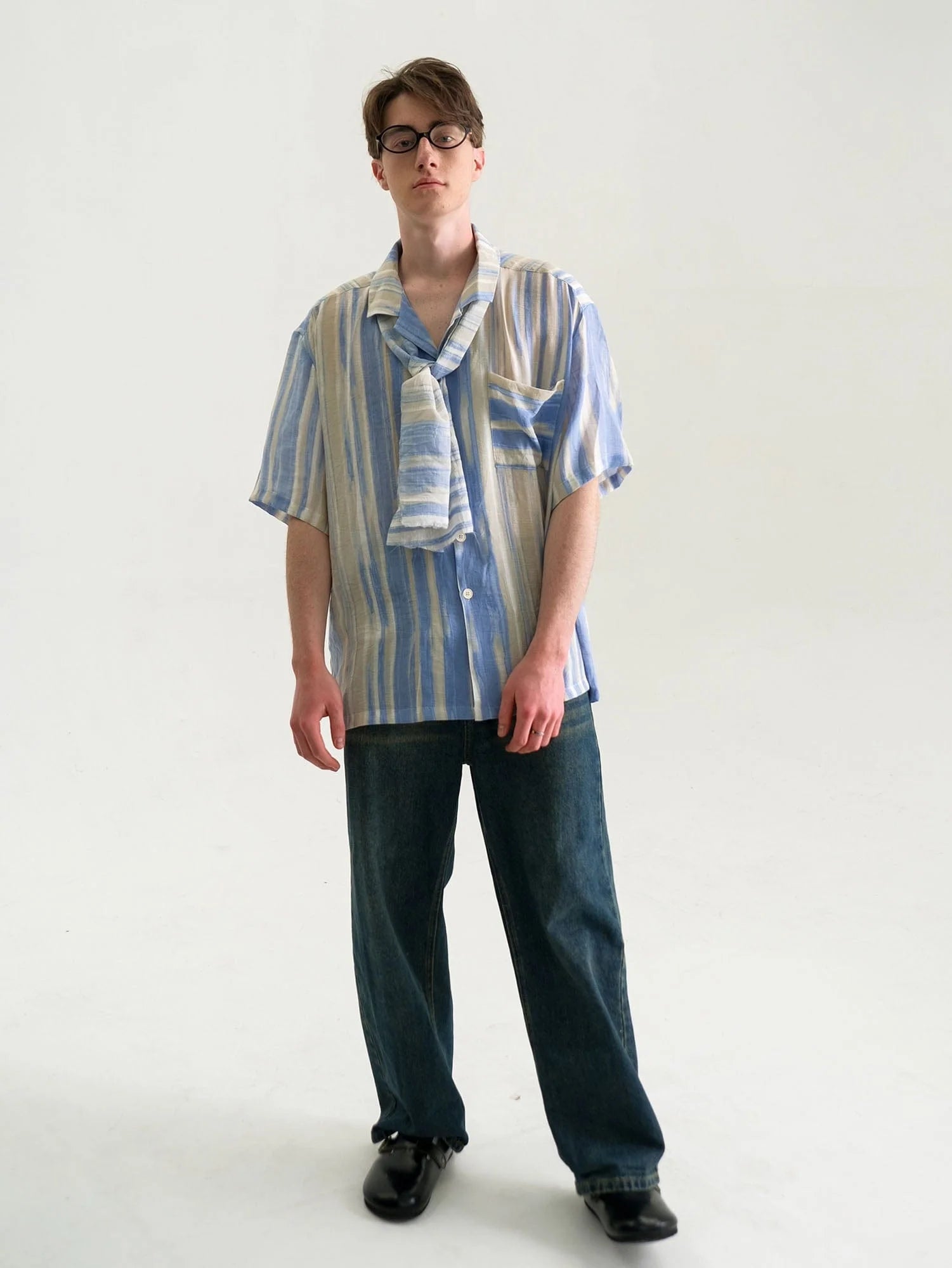 WIID Contrast Stripe Tencel Cuban Half Shirt