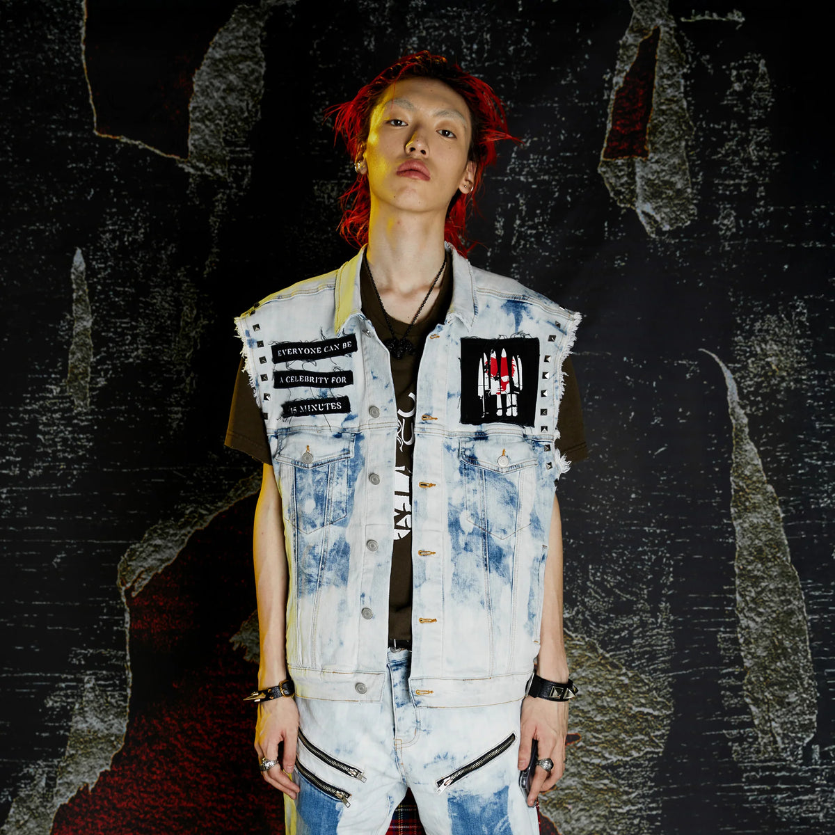 VENTUREK Distressed Washed Studded Patch Denim Vest
