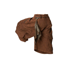 RELABEL Detachable Scarf Washed Multi-Pocket Wide-Leg Shorts Brown
