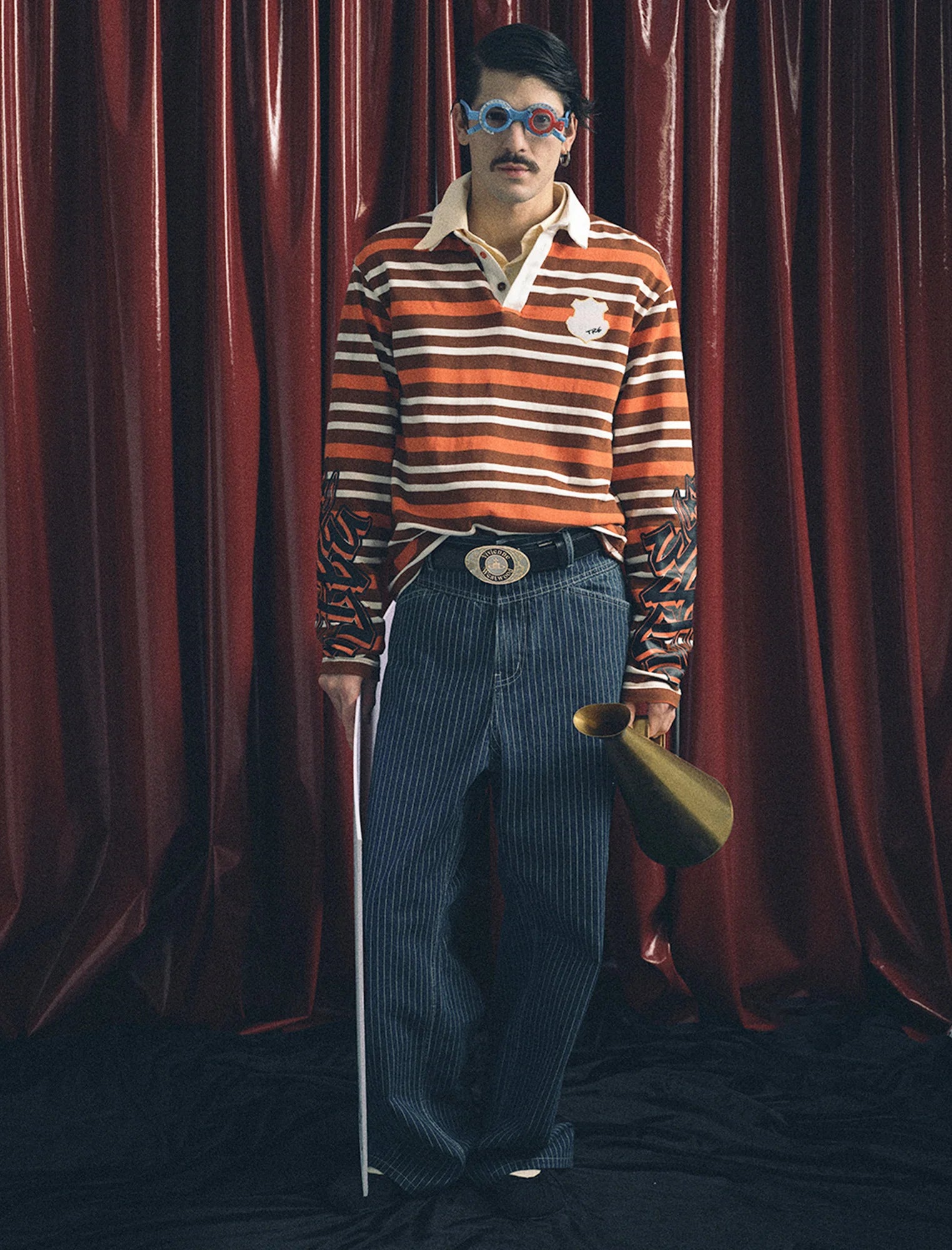 TRECLUB Badge Patch Graphic-Sleeves Striped Long-Sleeve Polo