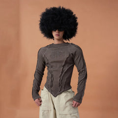 CLP Distressed Raw-Seam Paneled Long-Sleeve Tee
