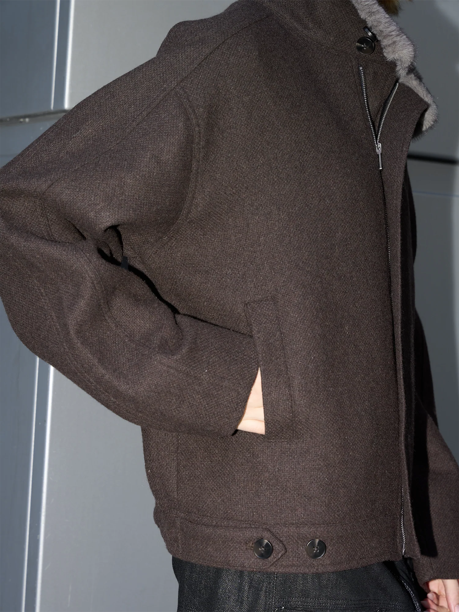 LABELROOM Modern Faux-Fur Collar Wool Jacket Brown