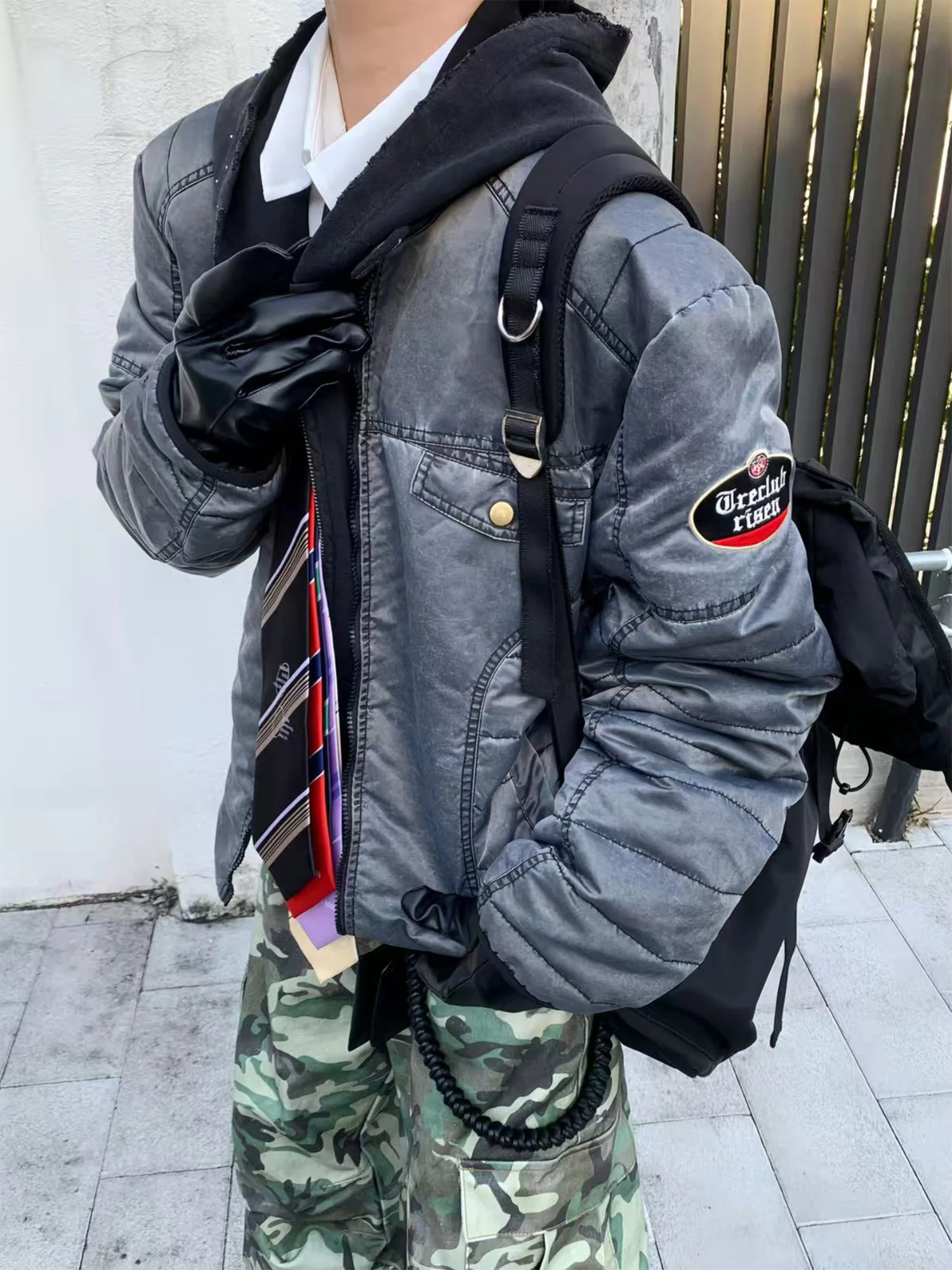 TRECLUB Washed Quilted Moto Down Jacket