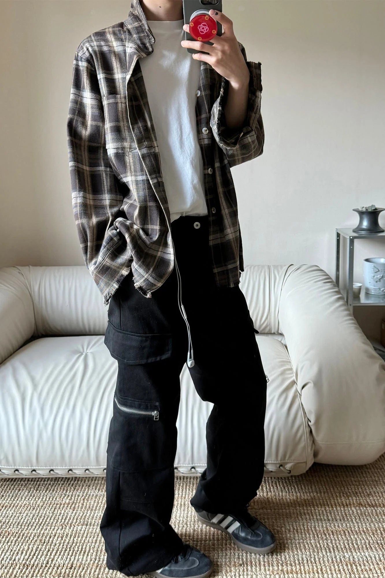 OKAYTHXBYE Muted Marble Multi-Pocket Panel Flared Cargo Pants