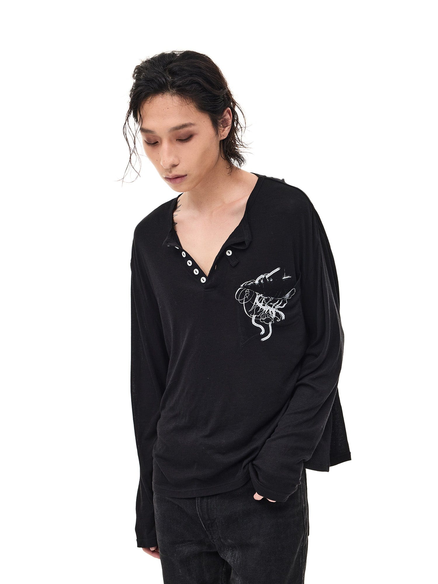 WHISTLEHUNTER Merino-Tencel Henley Graphic Long-Sleeve Tee