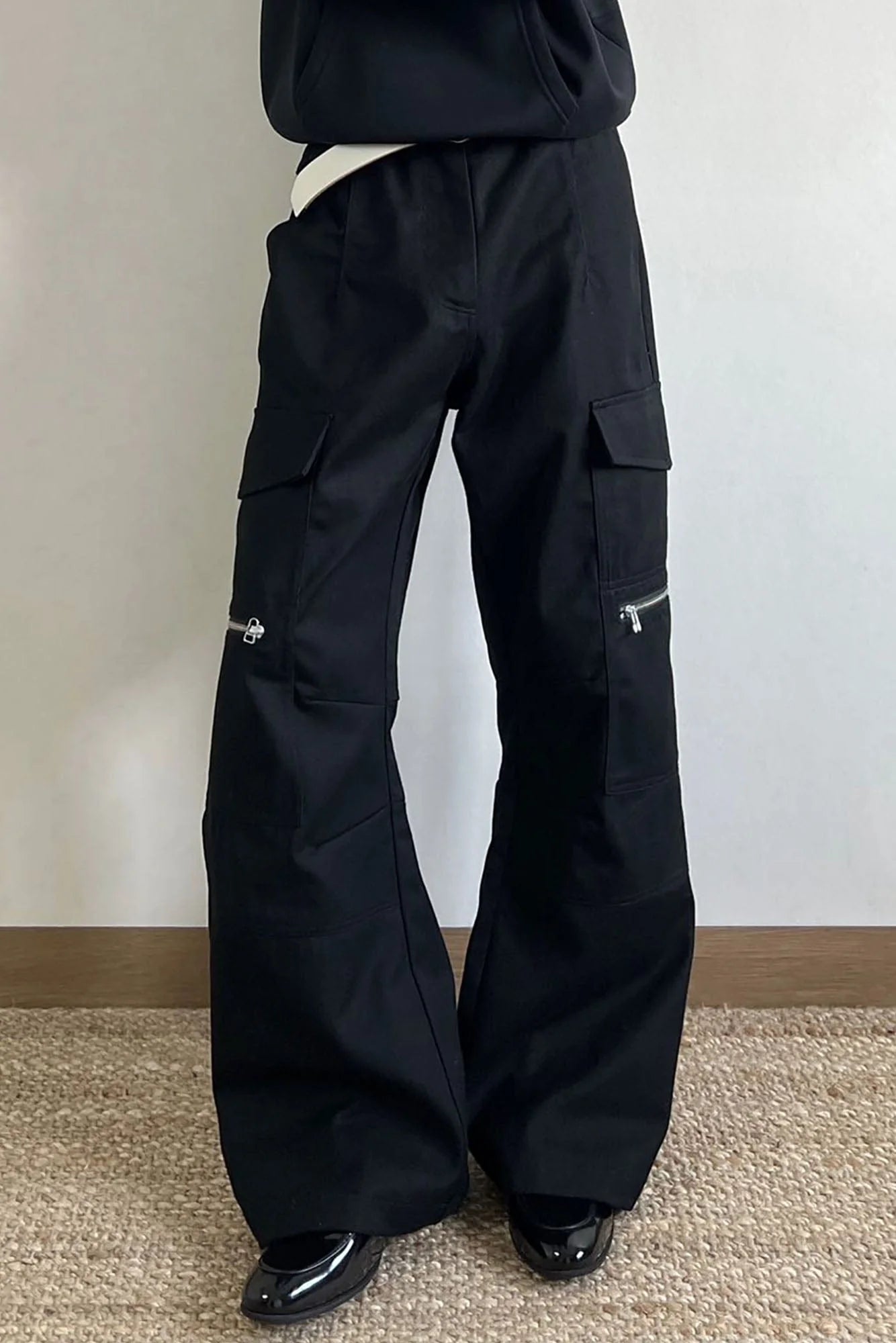 OKAYTHXBYE Muted Marble Multi-Pocket Panel Flared Cargo Pants