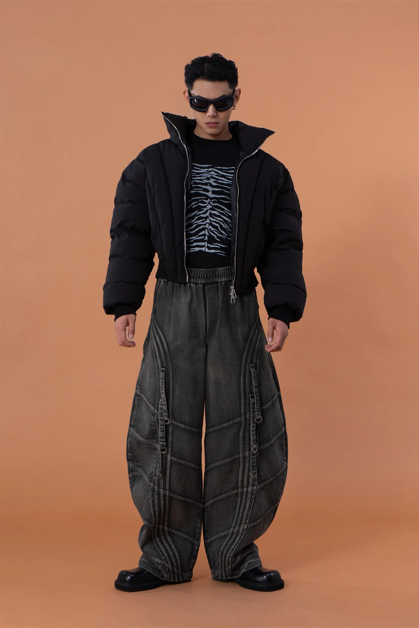CLP Washed Arc Panel Strap Wide-Leg Jeans