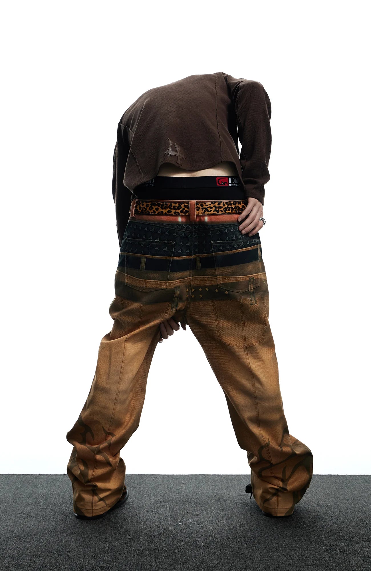 DND4DES Distressed Print Double-Waist Flare Jeans Khaki