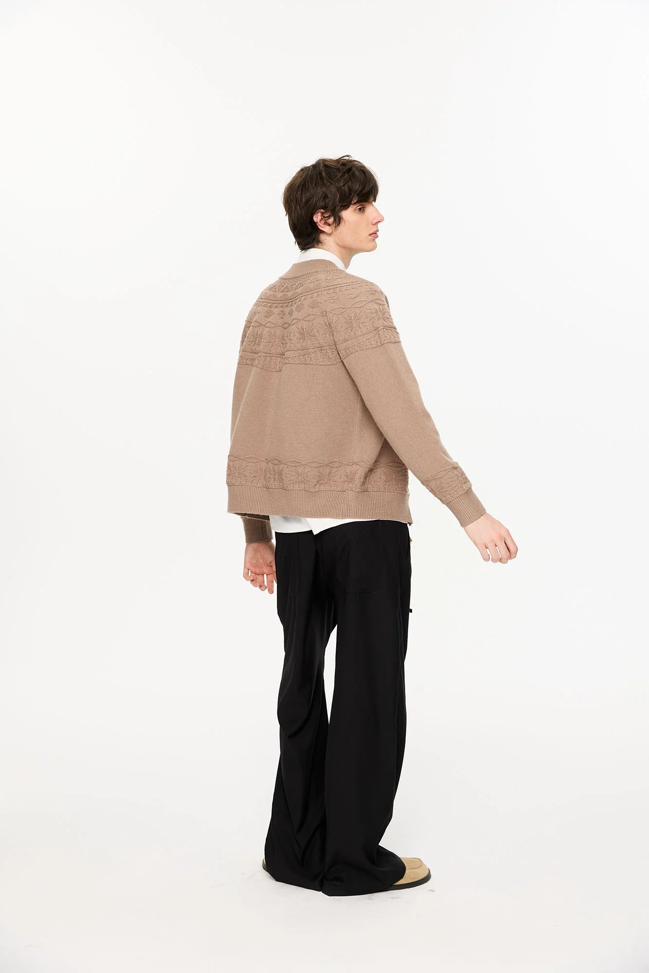 KREATE Double-Placket Jacquard Yoke Cardigan