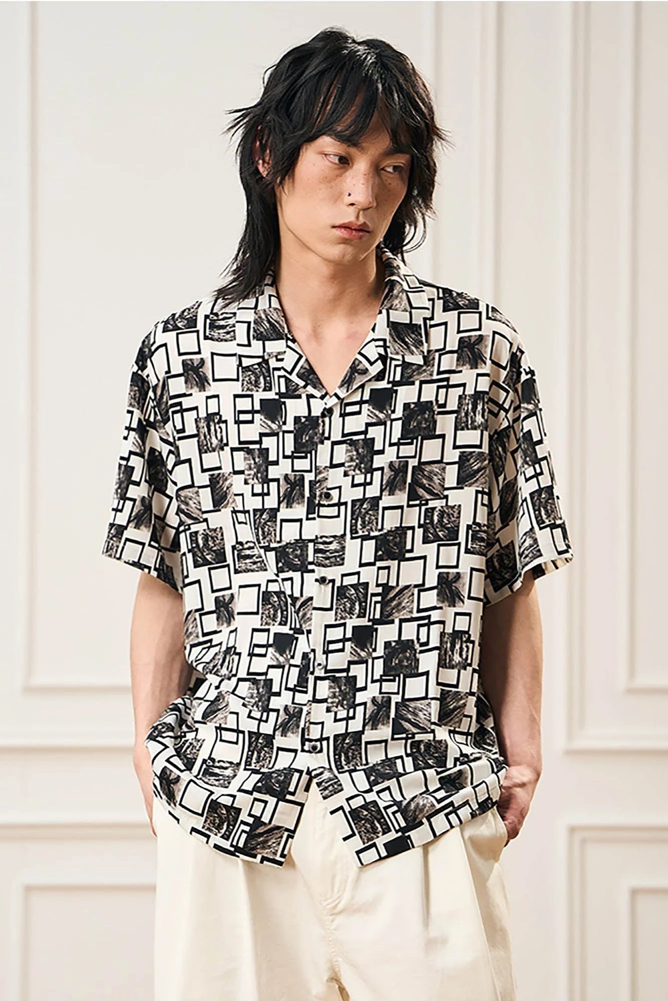 EPIC POETRY Monochrome Collage Grid Cuban Half Shirt