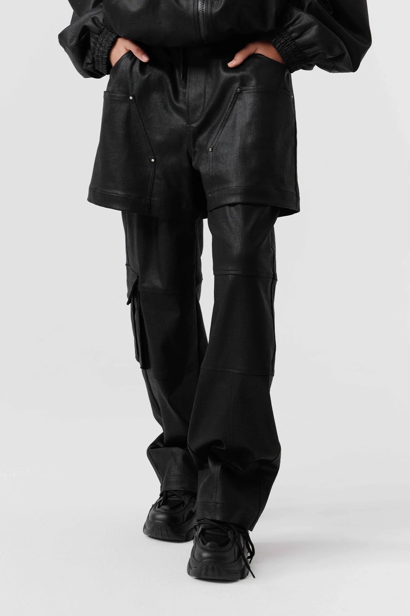 VANN VALRENCE Rivet Layered Coated Denim Pants