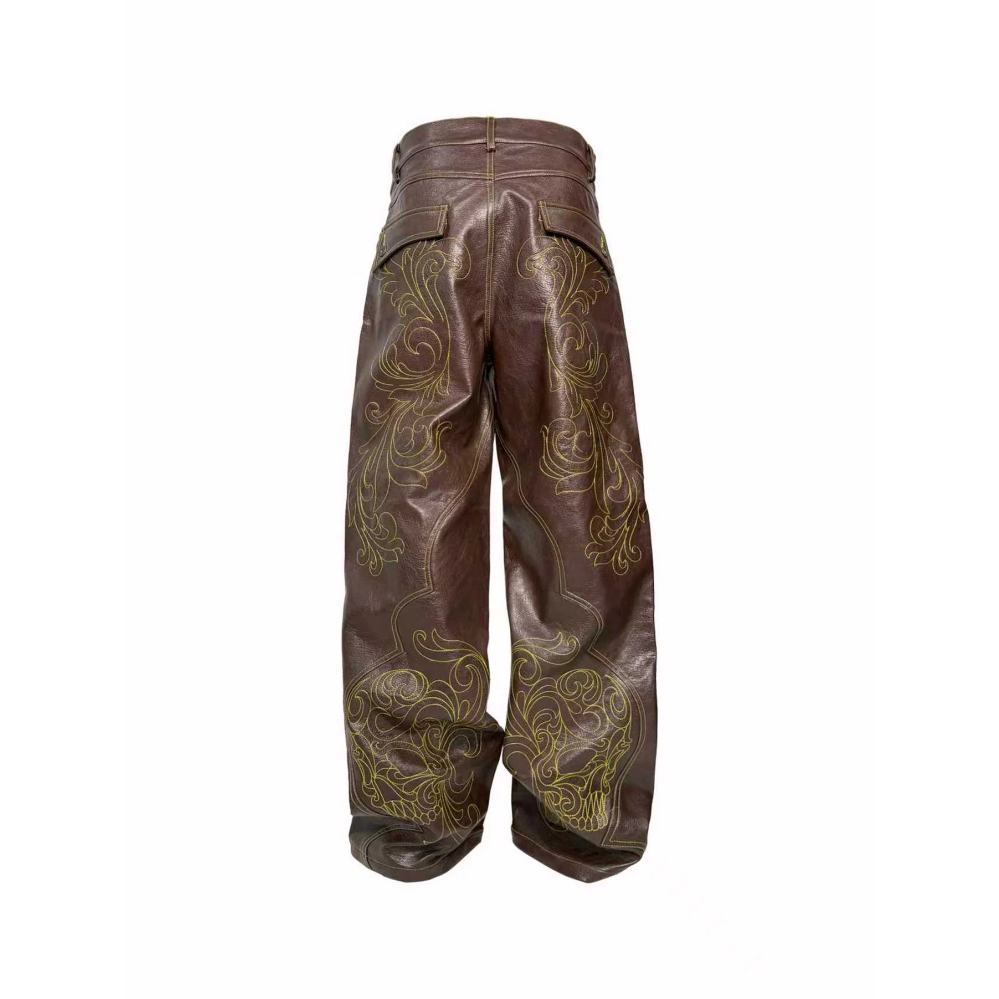 PCCVISION Gothic Skull Stitch PU Pants Brown
