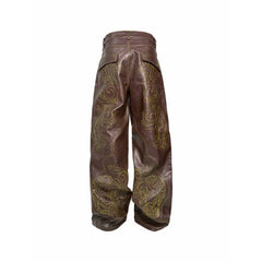 PCCVISION Gothic Skull Stitch PU Pants Brown