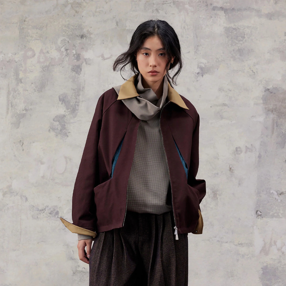 ALVNG AR ANTS Contrast Faux-Leather Collar Jacket