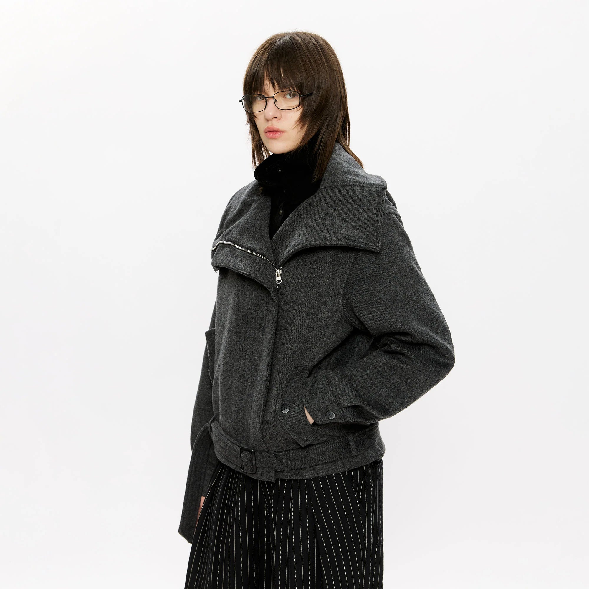 KREATE Asymmetrical Funnel-Neck Wool-Blend Jacket