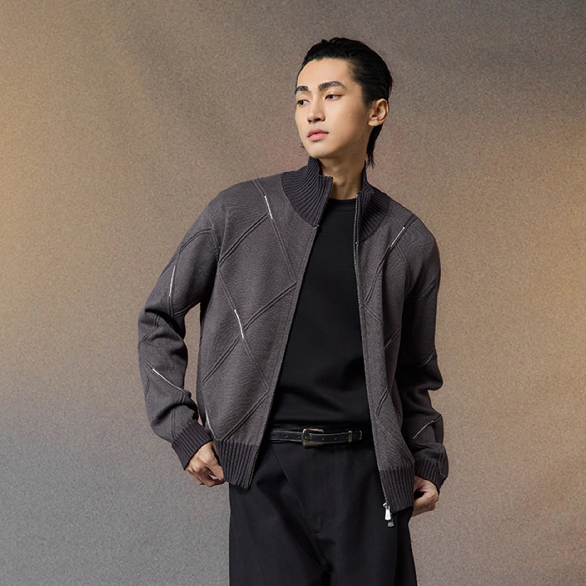 ALVNG AR ANTS Geometric Stitch Zip-Up Sweater