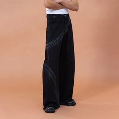 CLP Chain Graphic Frayed Curved-Leg Jeans