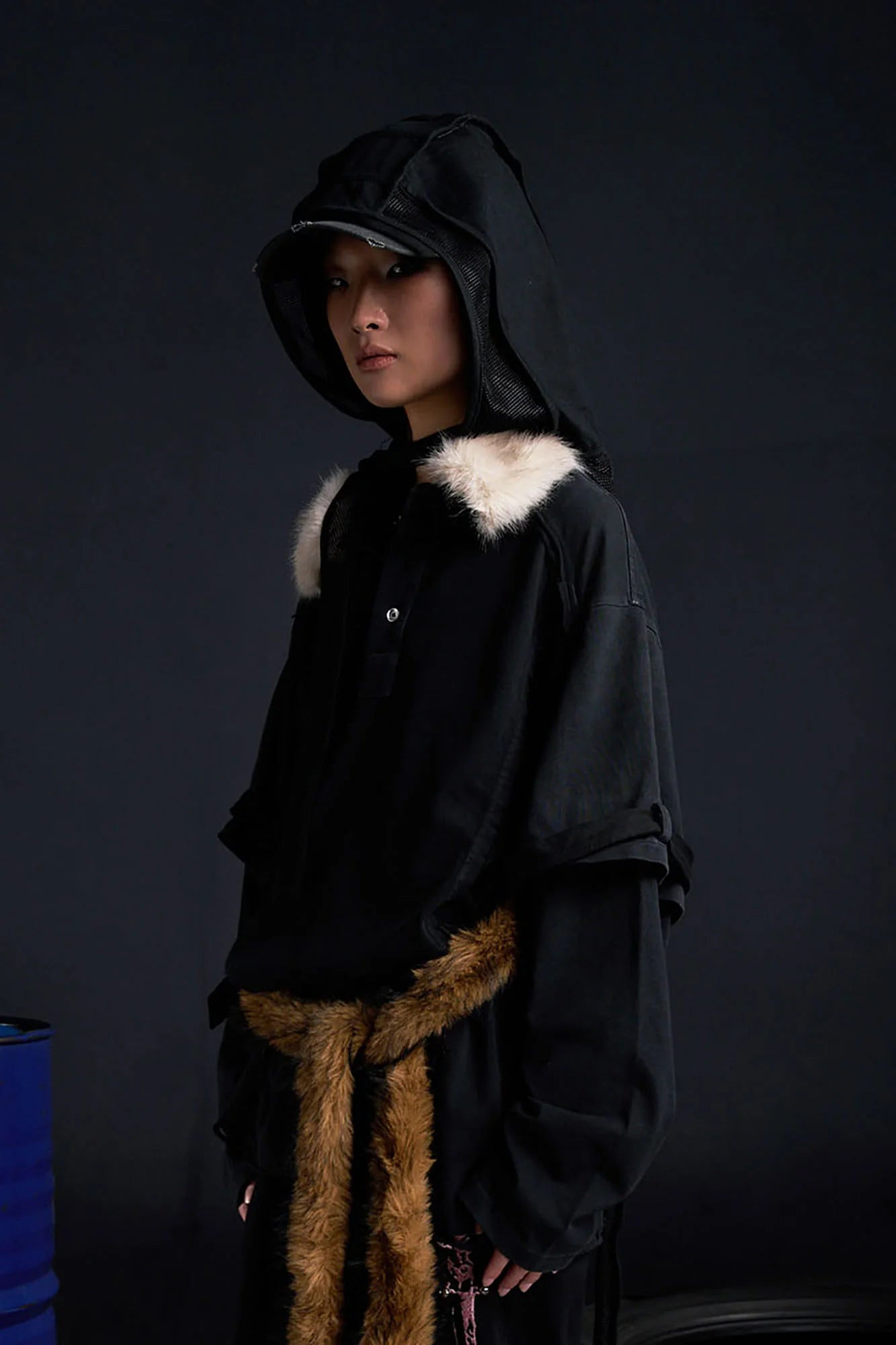 RECOVER ZONE Detachable Faux Fur Collar Long Sleeve Shirt