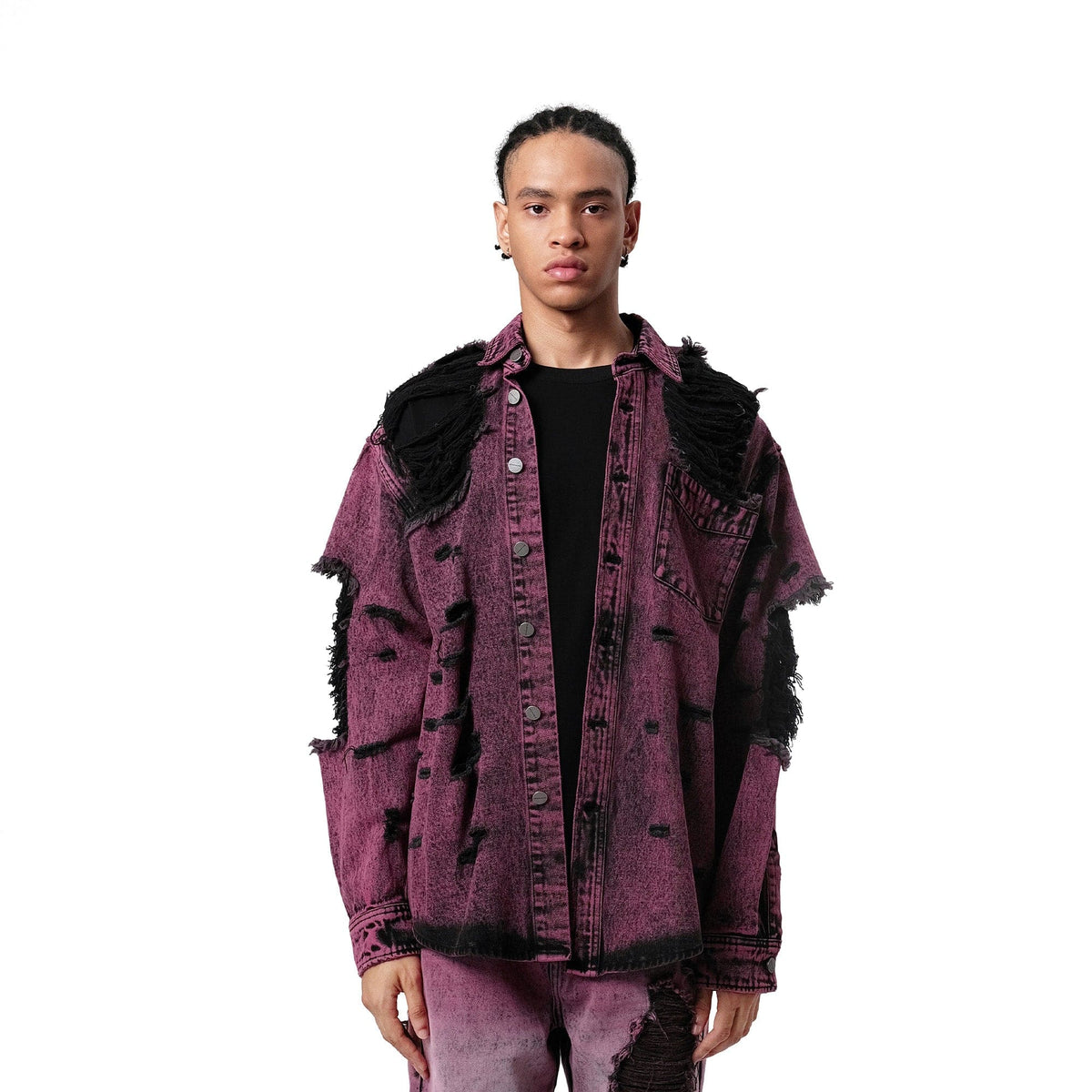 VANN VALRENCE Distressed Frayed Denim Shirt Jacket