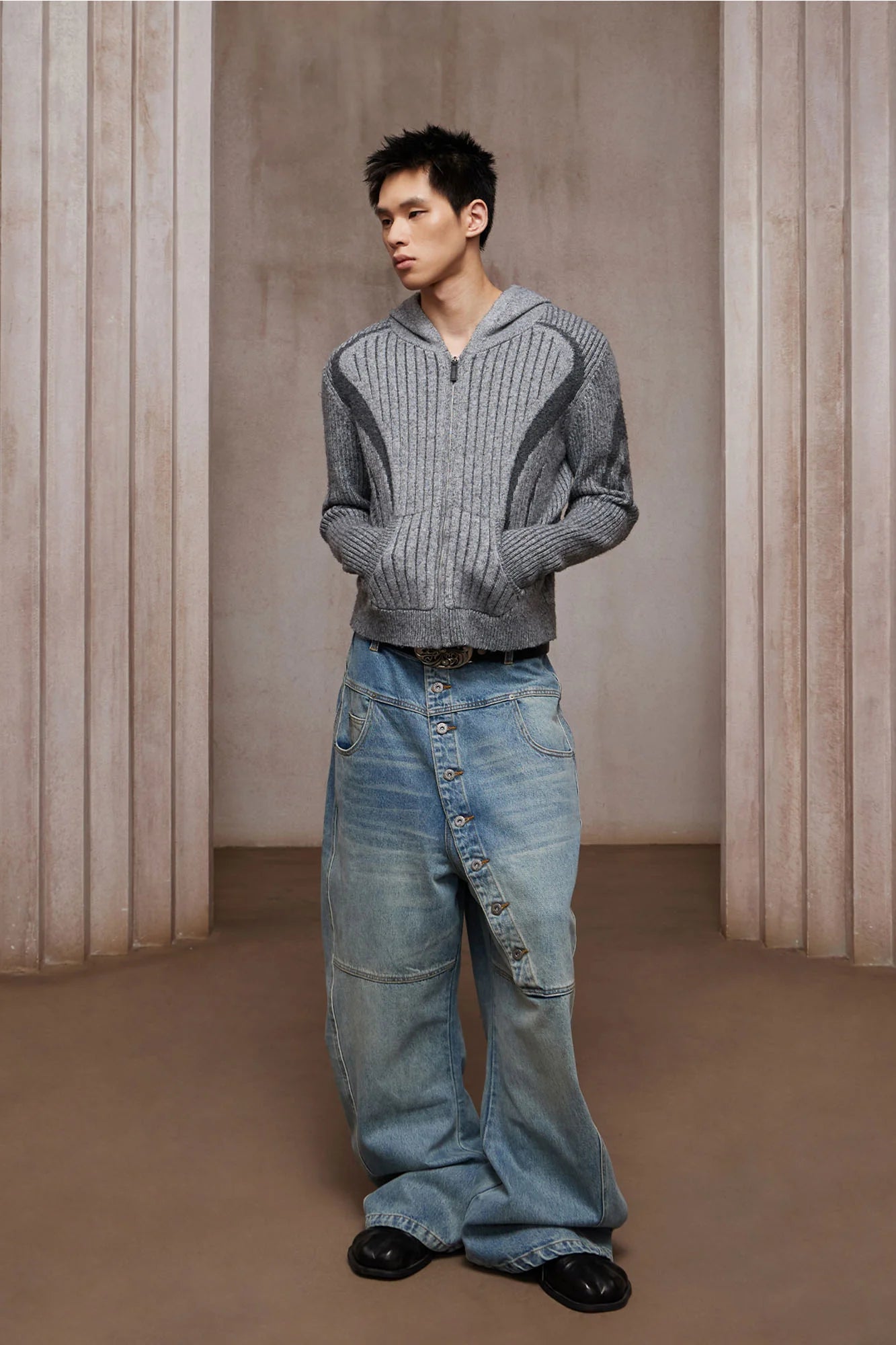 DND4DES Contrast Wool-Blend Hooded Zip Cardigan
