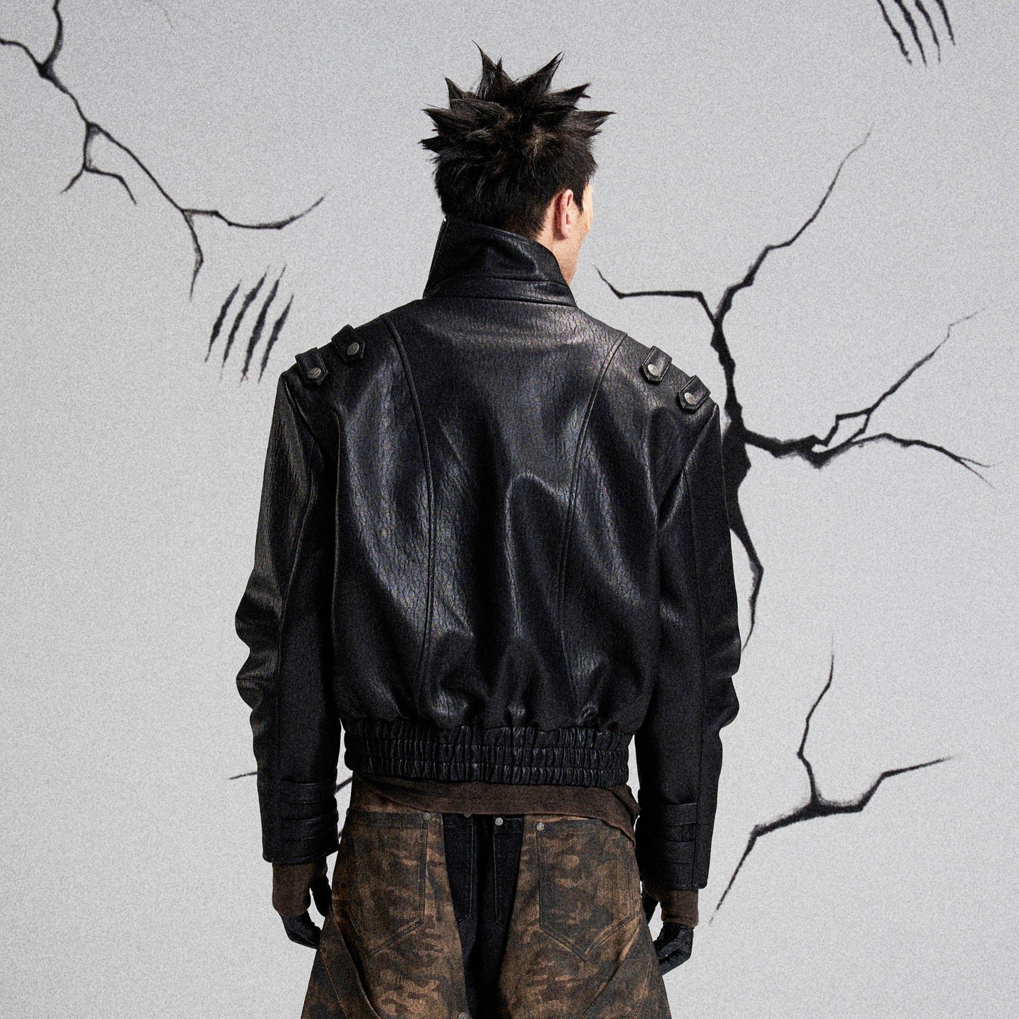 FLYERRER Mutation Asymmetrical High-Collar Faux Leather Jacket