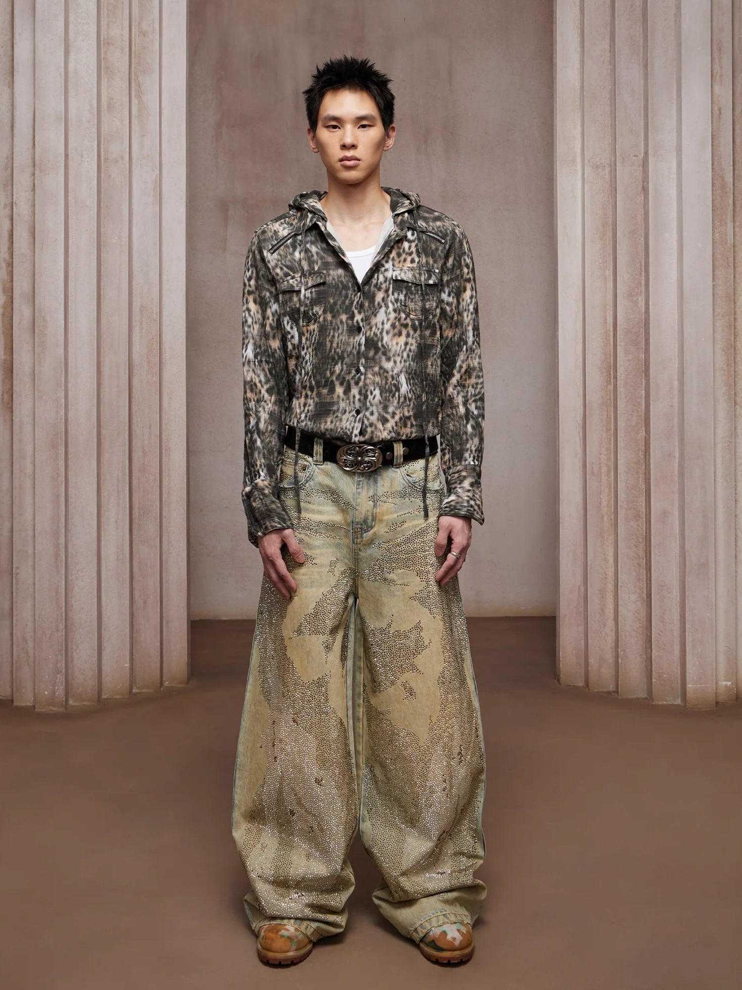 DND4DES Dirty-Washed Diamond Wide-Leg Jeans Yellow